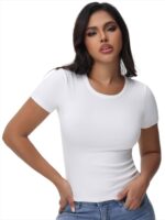 Womens T Shirts Basic Short Sleeve Crew Neck Slim Fit Tees Summer Workout Casual Bodycon Tops 2025 - Image 3