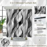 Grey Black Modern 3 in 1 Shower Curtain Set，Striped Gray Shower Curtain Set for Bathroom,Stylish Simplicity Abstract Fabric Bath Curtain with Hooks and Liner, 72x72in - Image 3