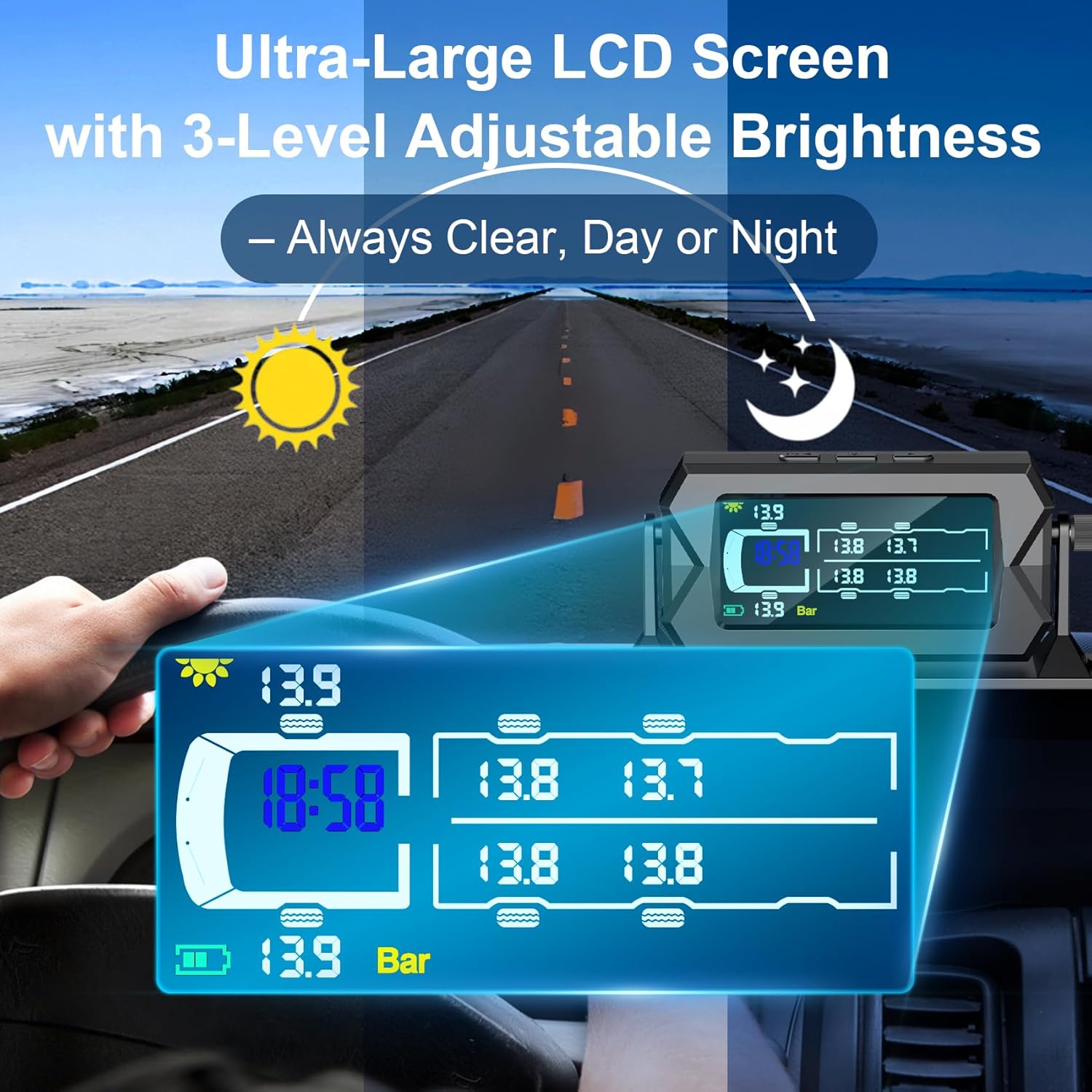 Tire Pressure Monitoring System for RV Truck Trailer, 6 Sensors TPMS, 0-15 Bar/217 PSI, 3-Level Bright LCD with Time Display, Type-C & Solar Charging, 7 Smart Alerts for RV/Trailer/Truck IP68 - Image 5