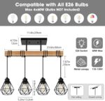 4-Lights Farmhouse Wood Kitchen Island Lighting, 23.6'' Dining Room Light Fixtures Chandelier Over Table, Rustic Black Cage Pendant Lights Ceiling Hanging for Pool Table, Living Room, Hallway - Image 3