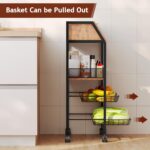 Rolling Kitchen Cart with Bread Box and 2 Pull-Out Wire Baskets - 4-Tier Storage Cart on Wheels with Lockable Casters, Wood Top and Metal Frame for Kitchen, Bathroom, and Pantry (Brown) - Image 5