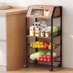 Rolling Kitchen Cart with Bread Box and 2 Pull-Out Wire Baskets - 4-Tier Storage Cart on Wheels with Lockable Casters, Wood Top and Metal Frame for Kitchen, Bathroom, and Pantry (Brown) - Image 10