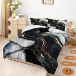 Black Marble Comforter Set for Men Adults, Gold Metallic Marble Design Bedding Queen Size, 3 Pieces with 1 Comforter and 2 Pillowcase All Season - Image 3