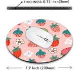 Cute Pink Round Mouse Pad，Pastel Berries Strawberry Computer Mouse Pad，Colorful Strawberries with Flowers and Leaves Mousepad，Girly Fresh Small Mouse Mat, 7.9 X 7.9 Inch - Image 3