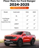 Full Set Car Truck Bed Mat & Floor Mats for Ford Ranger SuperCrew Cab: 2024 2025 All-Weather Mats for XLT Raptor Lariat XL with 5ft TPE Trunk Bedmat, Anti-Slip Waterproof Protection Accessories - Image 7