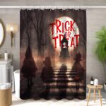 Halloween Trick or Treat Shower Curtain Scary Forest Night Ghost Full Moon Cemetery Bathroom Curtain Waterproof Bath Decor Polyester Fabric Curtains Set with Hooks 72x72 inch - Image 3