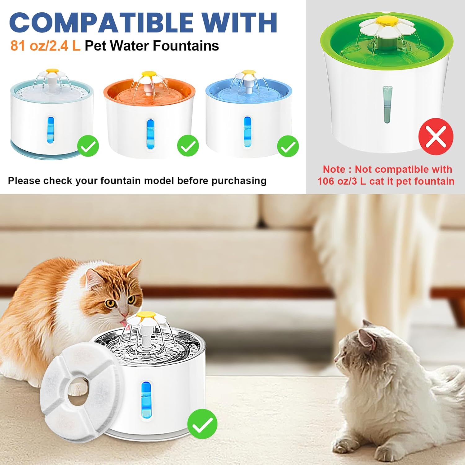 12 Pack Cat Water Fountain Filter, 8 Pcs Cat Fountain Filters Replacement Dia is 5" & 4 Pcs Pre-Filter Sponges for 81oz / 2.4L Round Automatic Pet Water Fountain Dog Dispenser, 3-Filtration System - Image 3