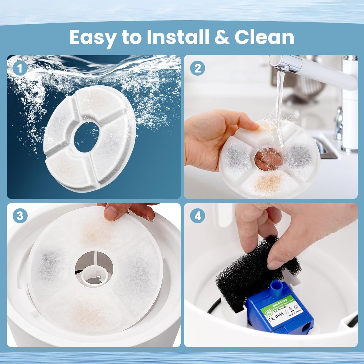 12 Pack Cat Water Fountain Filter, 8 Pcs Cat Fountain Filters Replacement Dia is 5" & 4 Pcs Pre-Filter Sponges for 81oz / 2.4L Round Automatic Pet Water Fountain Dog Dispenser, 3-Filtration System - Image 8