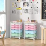 Utility Cart with 5 Drawers,Storage Drawer Cart with Wooden Tabletop and Lockable Wheels,Craft Storage Trolley Cart,5-Tier Rolling Utility Cart on Wheels,Rainbow - Image 9