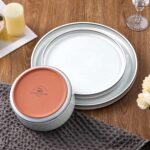 LIANYU 18 Piece Dinnerware Sets for 6, Stoneware Dinner Plates and Bowls Set, Dishware Dish for Home Kitchen Dining, Rustic Terracotta Bottom, Dishwasher & Microwave Safe, Lucent White - Image 3