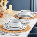 LIANYU 18 Piece Dinnerware Sets for 6, Stoneware Dinner Plates and Bowls Set, Dishware Dish for Home Kitchen Dining, Rustic Terracotta Bottom, Dishwasher & Microwave Safe, Lucent White - Image 4