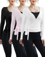 3 Pack Women Ballet Pilates Wrap Tops Y2K Workout Yoga Wrap Shirts Dance Long Sleeve Tie Front Crop Going Out Tops - Image 2