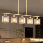36" Pendant Lights Kitchen Island, 5-Light Gold Chandelier Brass Island Lights for Kitchen, Modern Vintage Brushed Gold Linear Chandeliers for Dining Room Light Fixtures over Table, K9 Crystal Shades - Image 2