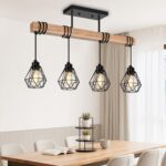 4-Lights Farmhouse Wood Kitchen Island Lighting, 23.6'' Dining Room Light Fixtures Chandelier Over Table, Rustic Black Cage Pendant Lights Ceiling Hanging for Pool Table, Living Room, Hallway - Image 2