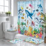 4pcs Ocean Theme Shower Curtain Set, Vibrant Underwater Scene Includes Non-Slip Bath Mat, Toilet Lid Cover, and Floor Mat - Image 2