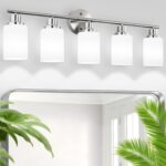 5-Light Brushed Nickel Vanity Lights, Bathroom Light Fixtures with Textured Milky White Glass Shade, Modern Bathroom Lighting Fixtures Over Mirror Wall Sconce Light - E26 Base - Image 2