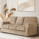 7 Pieces Velvet High Stretch Sofa Covers for 3 Cushion Couch Sofa Slipcovers, Washable Furniture Protector with Drawstring Anti Slip Bottom, Soft and Plush Fabric for Kids and Pet (Sand) - Image 2