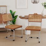 Alunaune Modern Mid Century Dining Chairs Set of 2, Upholstered Natural Rattan Kitchen Chairs Accent Chair, Armless Side Chairs with Metal Chrome Legs for Bedroom Living Room-Brown - Image 2