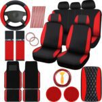 BBTO 43 Pcs Bling Car Accessories Set for Women Front Seats and Rear Bench Polyester Car Seat Protectors Wheel Cover Seat Floor Mats Full Crystal Automotive Interior Decor(Red and Black) - Image 2