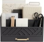 BLU MONACO Grey Wooden Desk Organizer with Drawer and Gold Handle – Perfect Desk Accessories for Home Office Organization – Desktop Mail Storage for Office Supplies - Image 2