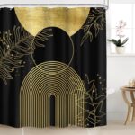 Black Gold Boho Shower Curtain 72Wx72H Bohemian Mid Century Modern Abstract Golden Leaves Plant Botanical Bathroom Decor Minimalist Geometric Neutral Bath Curtain Fabric Polyester 12 Pack Hooks - Image 2