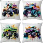 Boys Bedroom Cool Monster Truck Pillow Cover 18x18 Set of 4, Hot Wheel Vehicle Throw Pillow Cover Sofa Couch Bedding Decorative Soft Trucks Cushion Case Toddler Kids Playroom Cave Home Decoration - Image 2