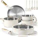 CAROTE 19pcs Tri-Ply Stainless Steel Cookware Set with Detachable Handle, Pots and Pans Set, Induction Kitchen Cooking Sets, RV/Camping Cookware, Outer Ceramic Layer, Oven Safe, Cream White - Image 2