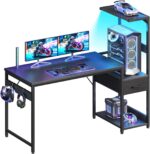 Casaottima 48 Inch Gaming Desk with Storage & LED Lights, Reversible Computer Desk with Display Shelves & Fabric Drawer, Modern Gamer Desk Table with Side Headphone Hook, Carbon Fiber Black - Image 2