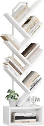 Casaottima 6-Tier Tree Bookshelf for Corner & Small Space — Narrow Steel & Wood Bookcase, Tall Floor Standing Book Organizer Shelf with Storage Cabinet, Home Decor for Living Room, Bedroom, White - Image 2