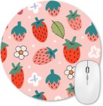 Cute Pink Round Mouse Pad，Pastel Berries Strawberry Computer Mouse Pad，Colorful Strawberries with Flowers and Leaves Mousepad，Girly Fresh Small Mouse Mat, 7.9 X 7.9 Inch - Image 2