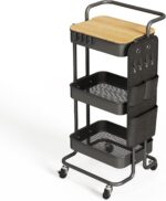DTK 3 Tier Metal Utility Rolling Cart with Table Top and Side Bags, Tray Storage Organizer Wheels, Art Craft 4 Hooks for Kitchen Bathroom Office Living Room (Black) - Image 2