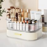 Delamu Makeup Organizer for Vanity with Stackable Drawers, 360 Rotating Makeup Brush Holder Large Cosmetic Display Case for Dresser, Bathroom Countertop Skincare Organizers and Storage, Elegant White - Image 2