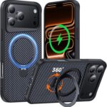 Designed for iPhone 17 Pro Case with 360° Magnetic Stand, Carbon Fiber Phone Case [Compatible with Magsafe] [15FT Military Protection] with Stand Ring 6.3'', Black - Image 2
