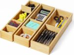 Desk Drawer Organizer Tray Set of 6 – Bamboo Office Storage Boxes with 12 Compartments for Office Supplies, Cosmetics, Jewelry and More - Image 2