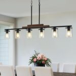Dining Room Light Fixture Over Table, Farmhouse 6-Light Kitchen Island Lighting, Linear Black Chandelier with Clear Glass Shades, Modern Rustic Wood Pendant Kitchen Lights, with Adjustable Height - Image 2
