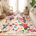 Floral 5x7 Area Rug Machine Washable Soft Print Boho Carpet Non Slip Doormat Low Pile Flower Area Rugs for Living Room Bedroom Nursery Kitchen Dining Room Indoor-Pink - Image 2