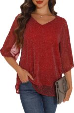 GUANYY Women's Ruffle 3/4 Sleeve Chiffon Tops Casual V Neck Double Layers Sheer Blouses Business Work Dressy Shirt S-XXL - Image 2