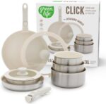 GreenLife Stainless Steel Nonstick 10 Piece Cookware Set, Detachable Handle, Induction Ready, Stackable Kitchen Set, Tri Ply Ceramic PFAS Free Pots & Pans, Space Saving, Oven Safe, Glass Lid, Silver - Image 2