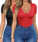 HOTOUCH Deep V Neck Tops for Women Sexy Low Cut Summer Ribbed Knit T Shirts Slim Fit Stretchy Basic Fashion Tee - Image 2
