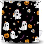 Halloween Floral Ghost Shower Curtain Cute Funny Cartoon Ghost Bat Pumpkin Spooky Boho Floral Vintage Halloween Holiday Black Fabric Bath Curtain with Hook - Image 2