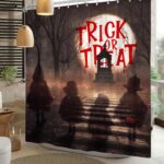 Halloween Trick or Treat Shower Curtain Scary Forest Night Ghost Full Moon Cemetery Bathroom Curtain Waterproof Bath Decor Polyester Fabric Curtains Set with Hooks 72x72 inch - Image 2