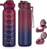 Insulated Water Bottle 32oz with 2Lids(Straw Lid & Spout Lid), 1L Double Walled Water Bottle with Time Marker, 1000ml Stainless Steel Metal Flask for Fitness, Gym and Outdoor RED BLACK - Image 2