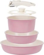 KIKCOIN 5 Pack Ceramic Pots and Pans Set Non Stick, Kitchen Cookware Set Detachable Handle, Non Toxic Cooking Set with Removable Handles, Induction Dishwasher/Oven Safe, Ollas de Cocina, Pink - Image 2