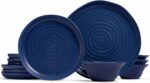 KooK Ceramic Dinnerware Set, Service for 4 (12-Piece) Plates & Bowls, Microwave & Dishwasher Safe, Organic Shape, Navy Blue Spiral - Image 2