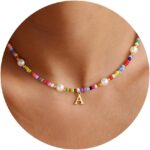 M MOOHAM Colorful Initial Necklaces for Girls - Beaded Pearl Choker Necklace for Women Teen Girl Colorful Summer Boho Necklace Jewelry, Trendy Personalized Letter Initial Gifts Birthday Gifts Kids - Image 2