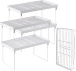 NiHome 4-Pack Stackable Plastic Kitchen Storage Shelf Foldable Rack - White Kitchen Cabinet Organizer and Storage Shelves Stackable Expandable Storage Racks for Counter Cabinet Pantry - Image 2