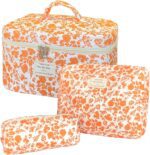 Orange Large Quilted Floral Makeup Bag Set of 3 Cute Coquette Aesthetic Cosmetic Bag Set Travel Toiletry Bag for Women - Image 2