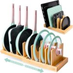 Pots and Pans Organizer under Cabinet, Bamboo Expandable Bakeware and Cutting Board Organizers, Adjustable Pot Lids Holder Rack, Cookie Sheet Baking Pan, Tray Organizer for Kitchen Storage (Natural) - Image 2