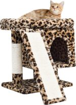 SYANDLVY Small Leopard Print Cat Tree with Perch for Indoor Cats, Cat Tower with Scratching Post, Modern Activity House for Large Cats, Condo with Board, Kittens Cave - Image 2