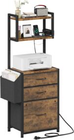 Small 3 Drawer File Cabinet with Charging Station, 45''H, 3-Tier Filing Cabinet for Home Office, 11''*16'' for Small Printer, Fabric Drawer Fits Letter/A4, Tall Printer Stand, Rustic Brown - Image 2